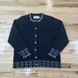 Vintage Jersild Women’s Sweater Black/ Red/White Trim 42 Silver Buttons Holiday